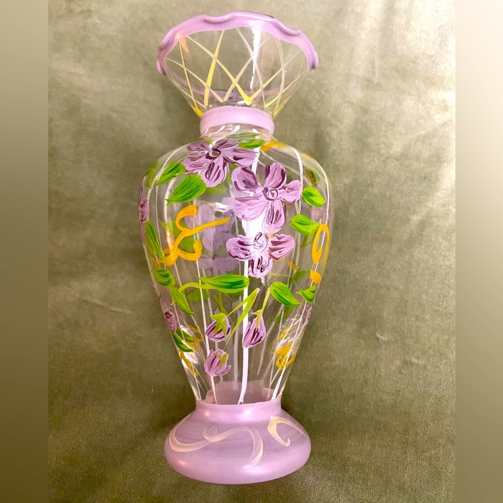 Vintage glass vase Handpainted flowers lattice UBV